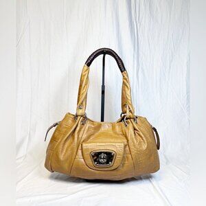 B Makowsky Large Tan Leather Croc Embossed Slouchy Hobo Satchel Bag